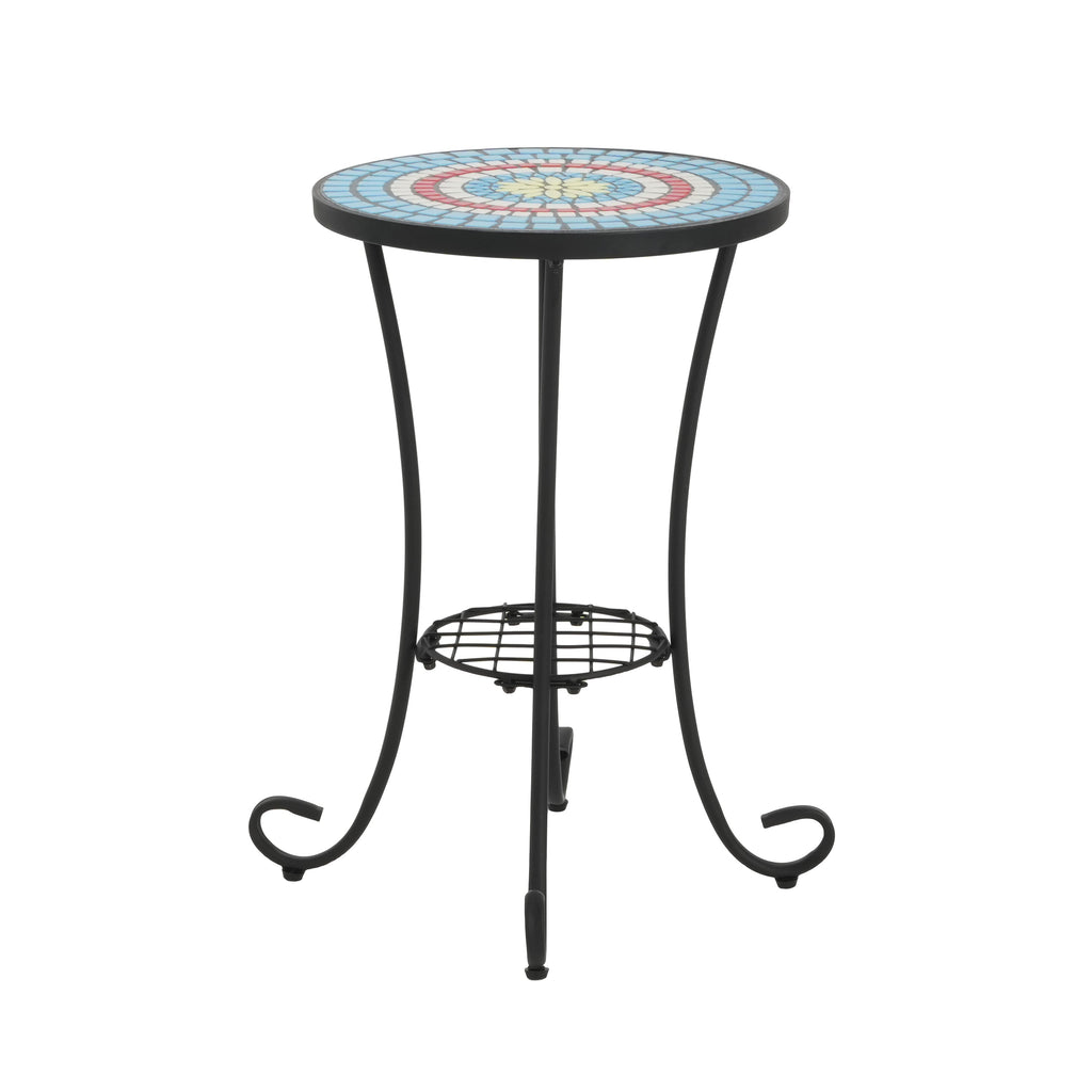 Patio Side Table with Shelf, Blue + Black
