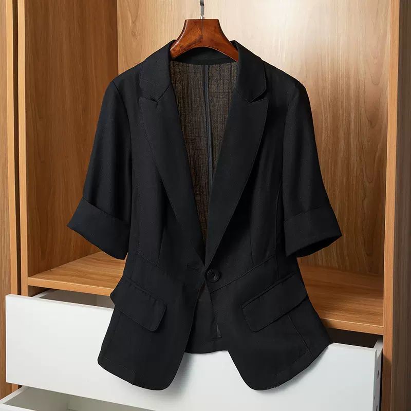 Womens Petite Casual Slimming Blazer With Three-Quarter Sleeves, Lightweight Suit Top