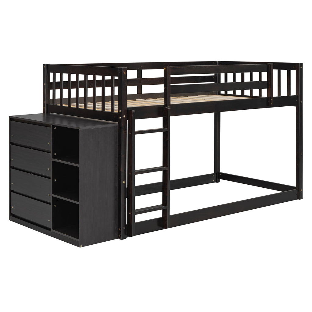 Twin Over Twin Bunk Bed with 4 Drawers and 3 Shelves - Espresso
