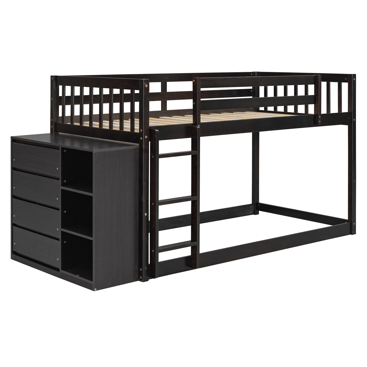 Twin Over Twin Bunk Bed with 4 Drawers and 3 Shelves - Espresso