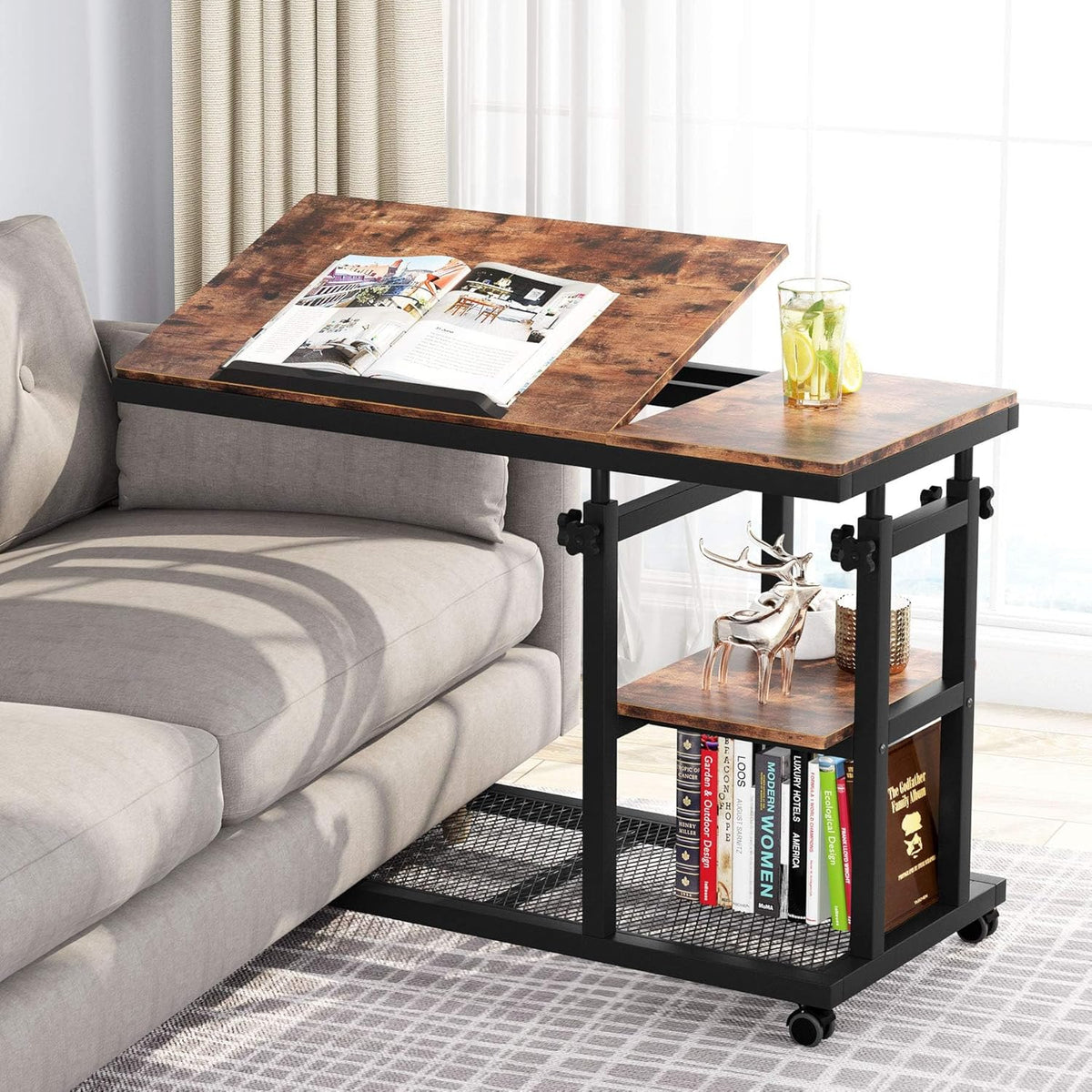 Rustic 32” Width Adjustable C-Shaped End Table with Wheels