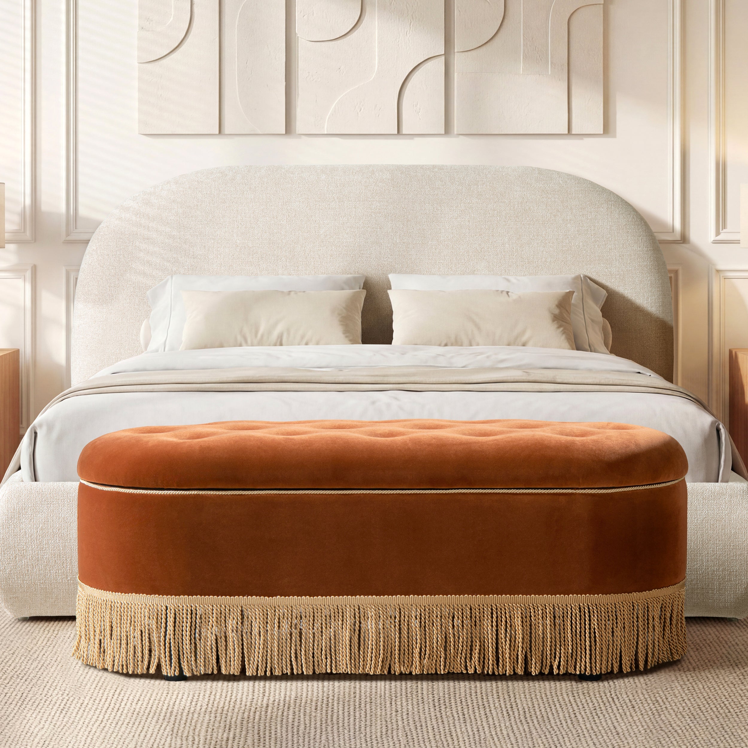 Melinda 48.5" Oval Tufted Bullion Fringe Storage Bench
