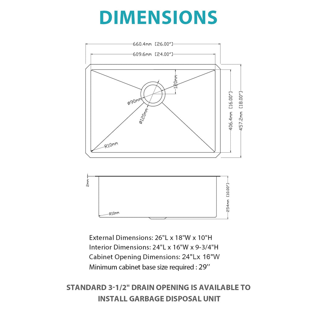 26 Inch Undermount Stainless Steel Kitchen Sink