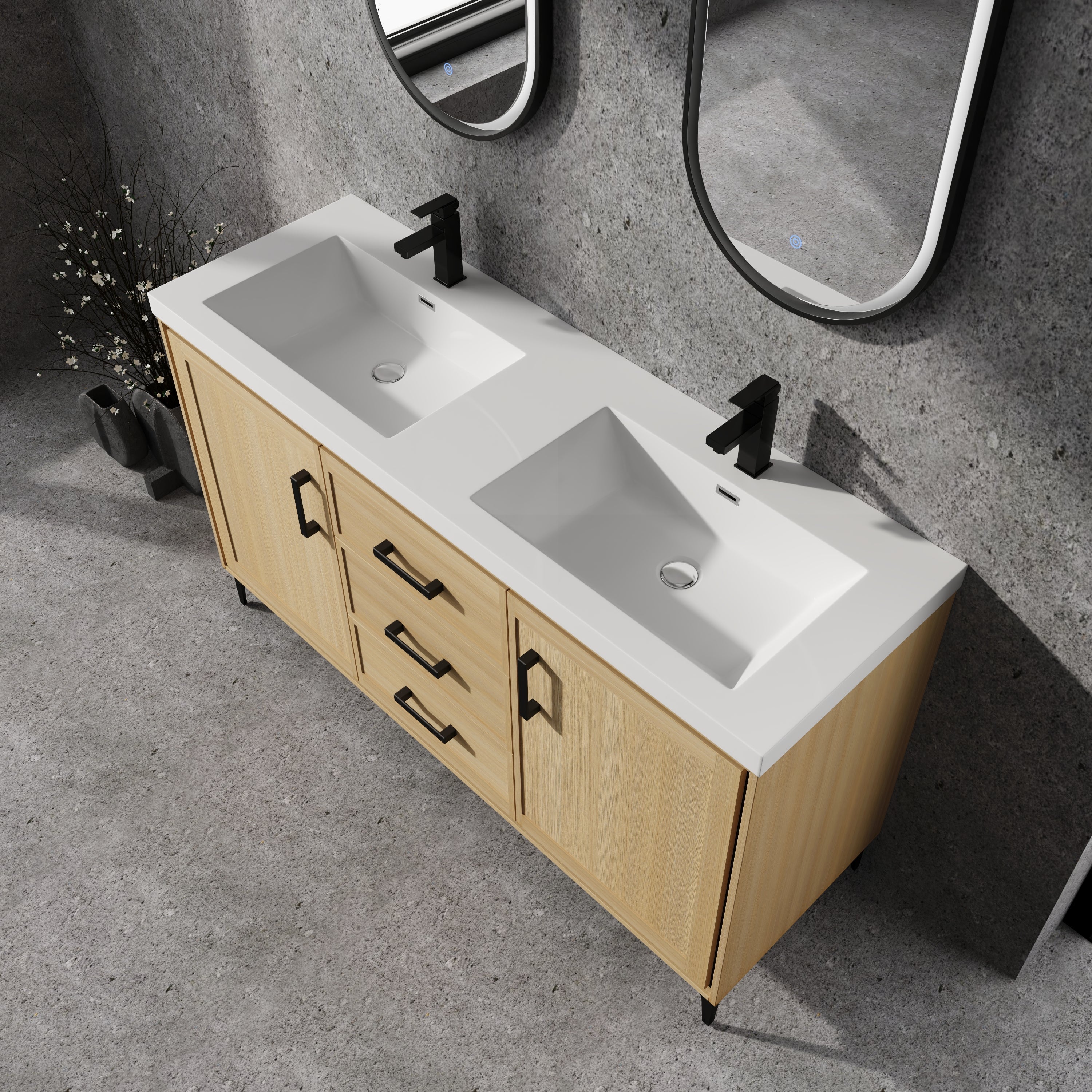 60" Freestanding Bathroom Vanity with Double Resin Sink