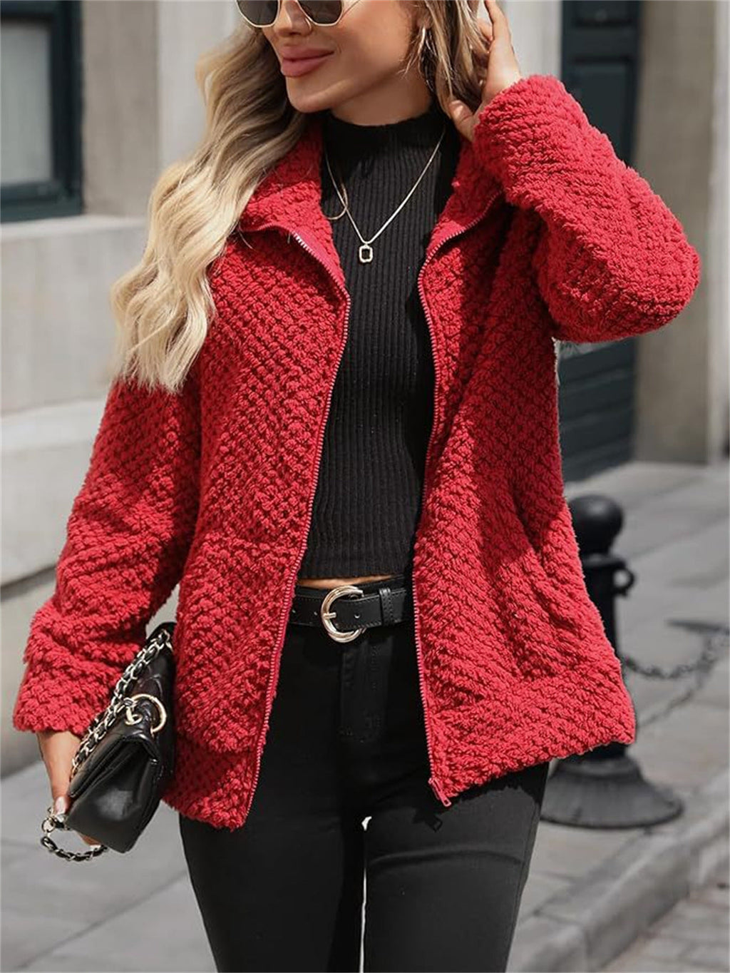 Women's Padded Fleece-Lined Zip-Up Jacket With Pocket And Lapel