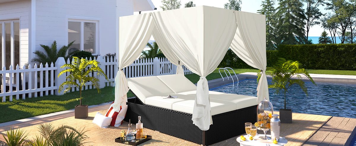U_Style Outdoor Double Chaise Lounge Daybed with Curtains