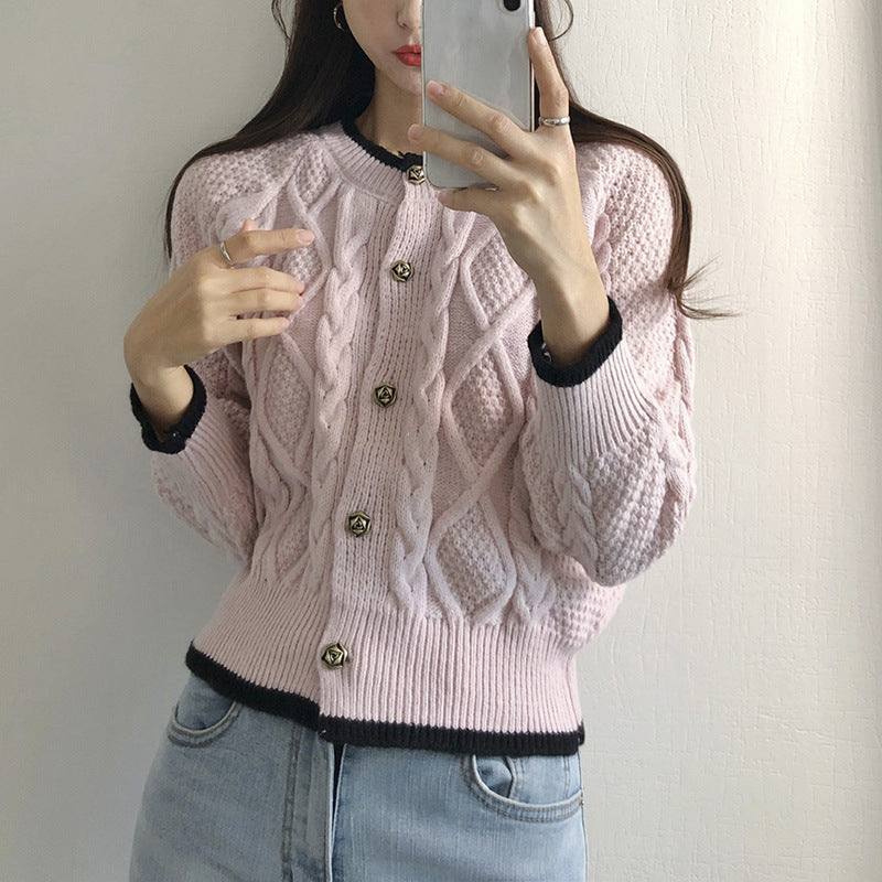 Color-block Button-up Cardigan Sweet-style Outerwear, Knit Sweater