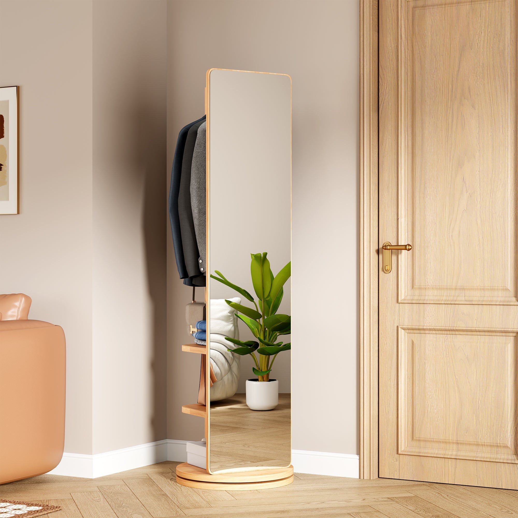 360° Rotating Multifunctional Full Length Mirror with Hook Storage Rack