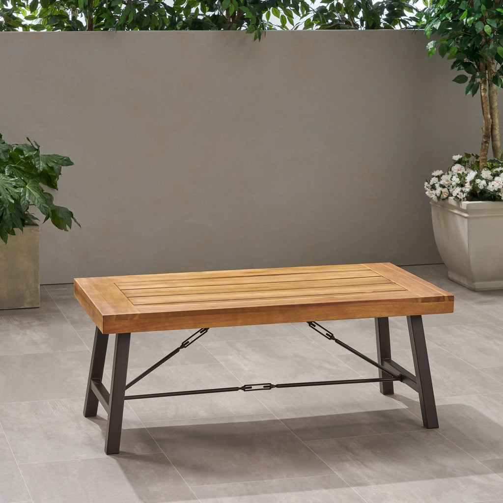 Outdoor Acacia Wood Coffee Table, Teak Finish / Rustic Metal