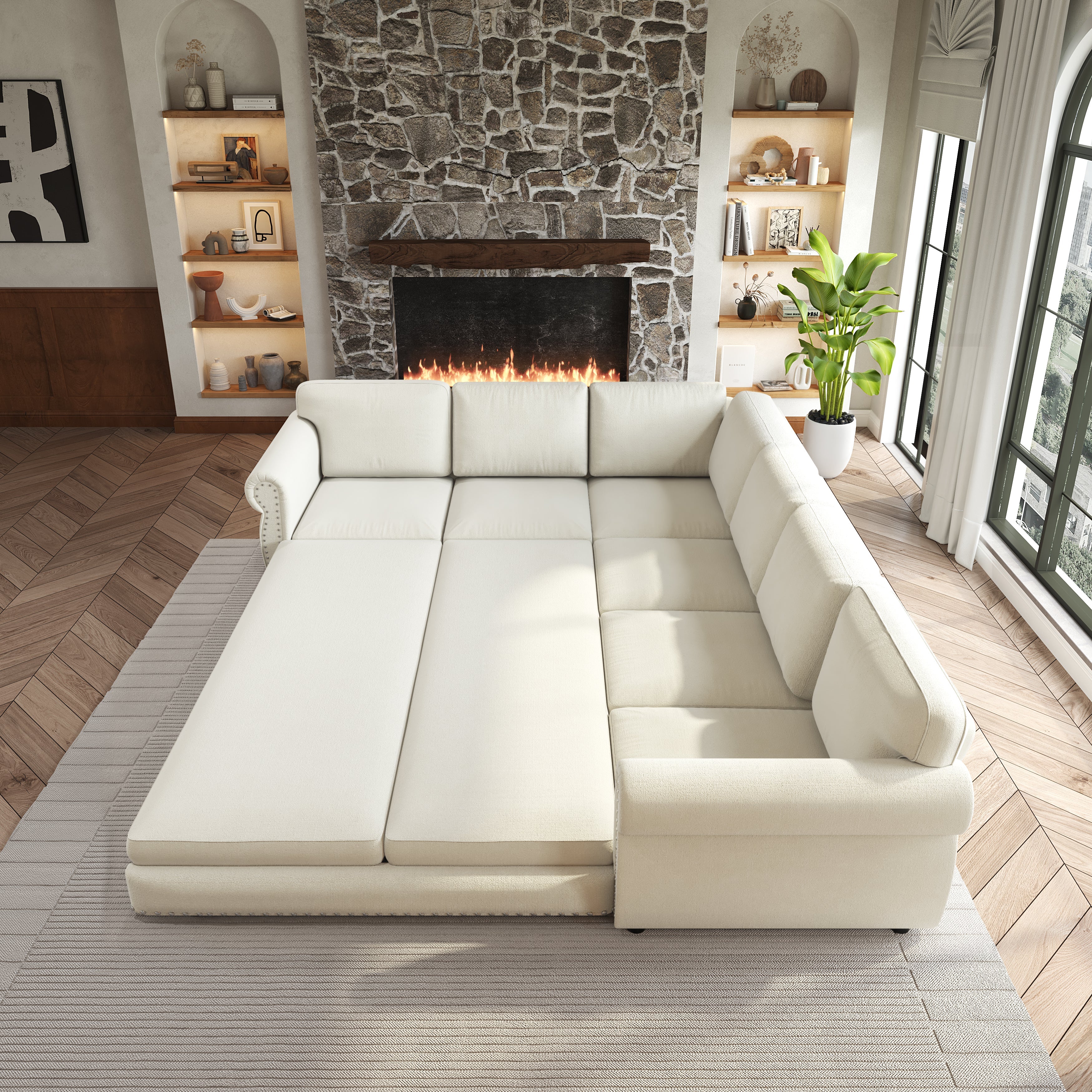 118" L-Shaped Sofa Couch with Pull-Out Bed
