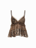 Leopard-print Chiffon Blouse Womens Summer Ruffled Mesh Sexy Top