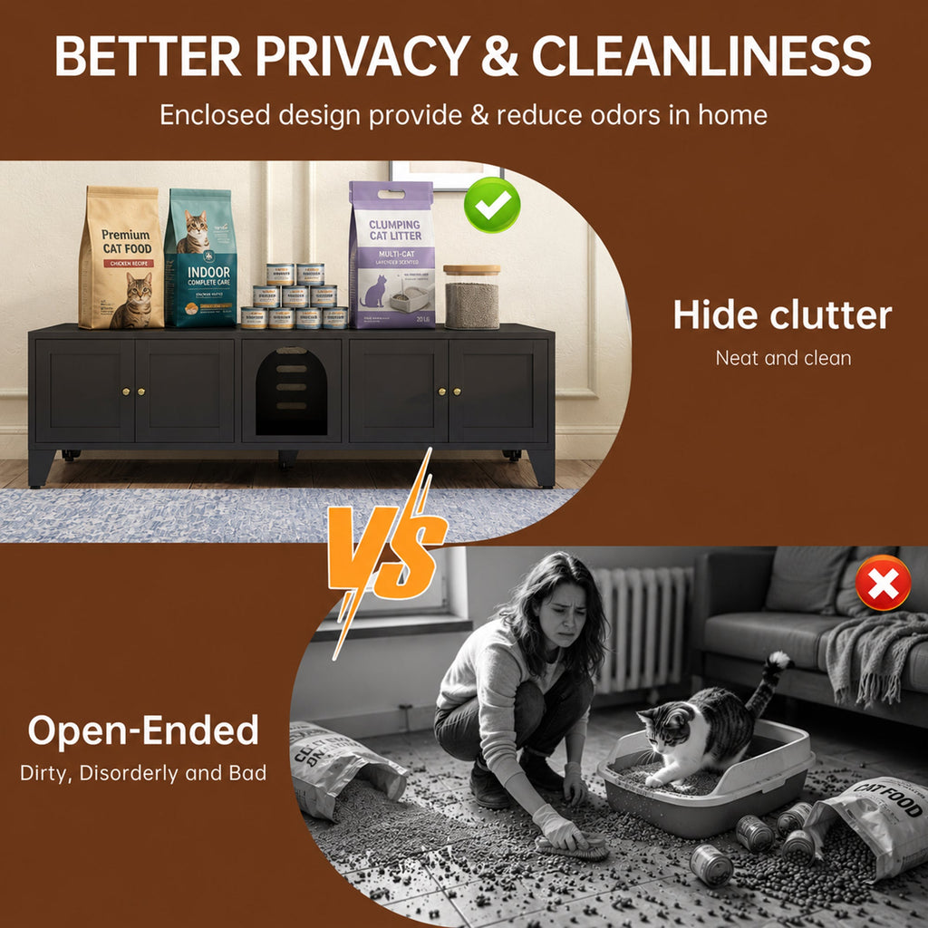 58" Metal Cat Litter Box Enclosure, Hidden Litter Box Furniture for 2 Cats
