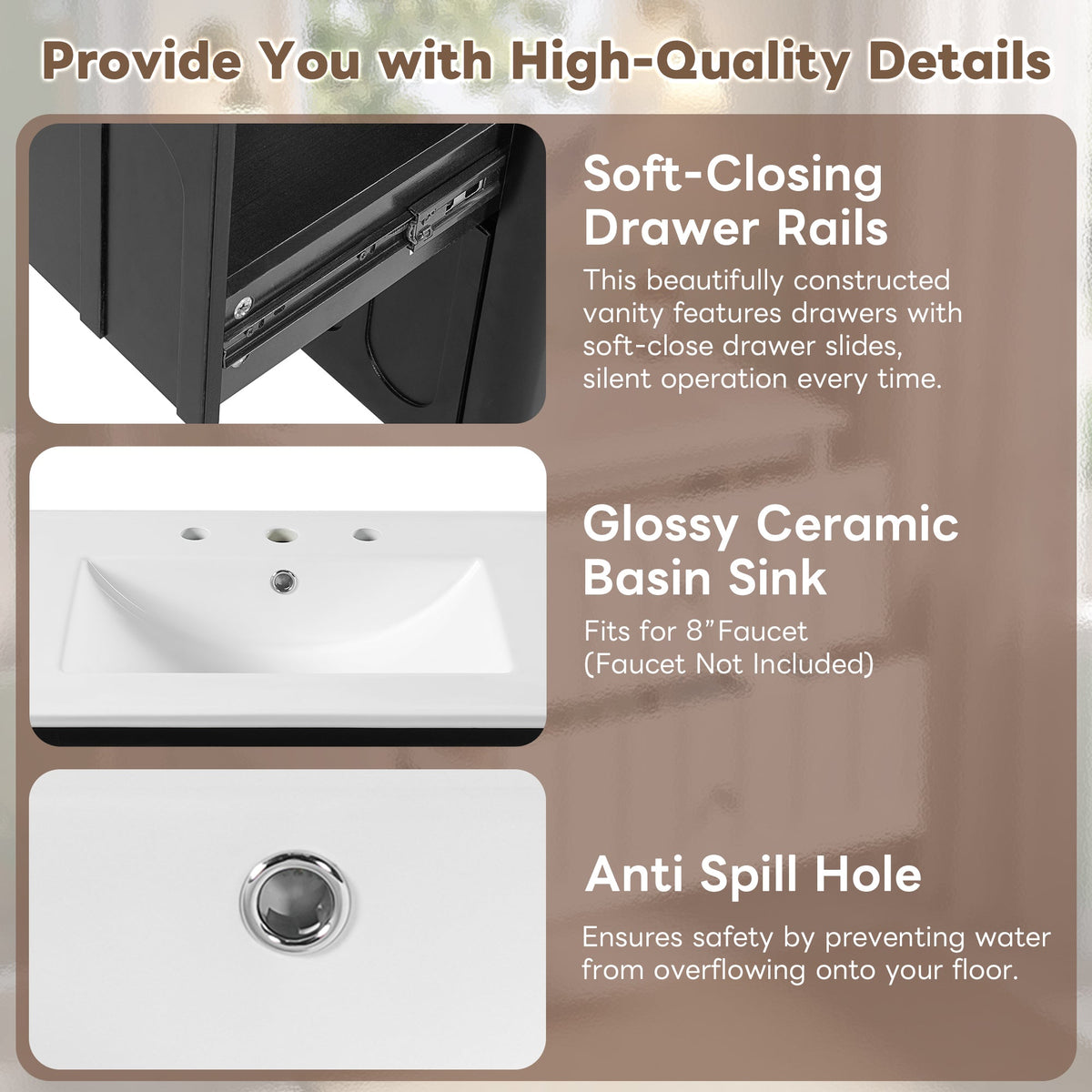 30" Modern Floating Bathroom Vanity with Oval Knobs