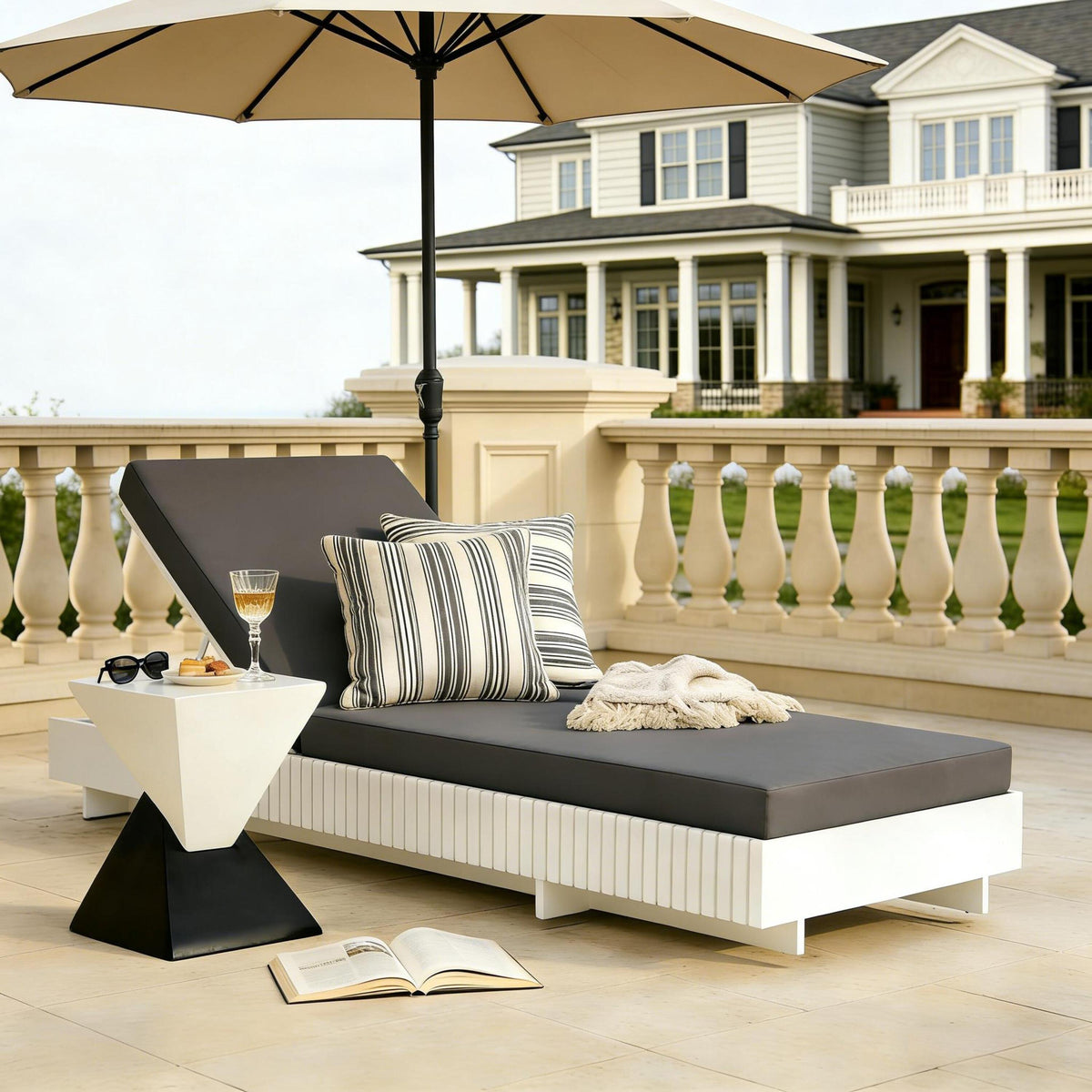 White Acacia Solid Wood Outdoor Chaise Lounge with Dark Cushion