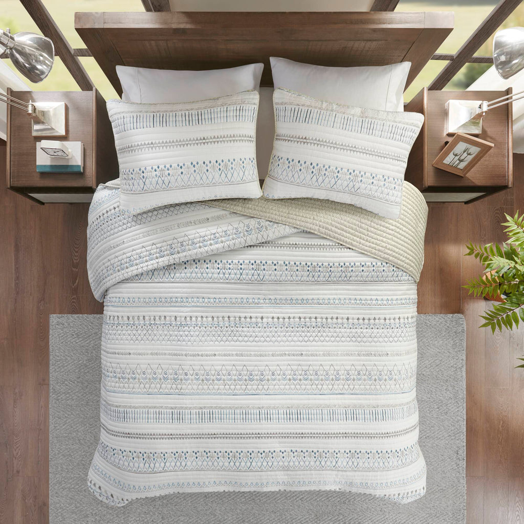 3 Piece Seersucker Quilt Set - Taupe/Blue King/California King