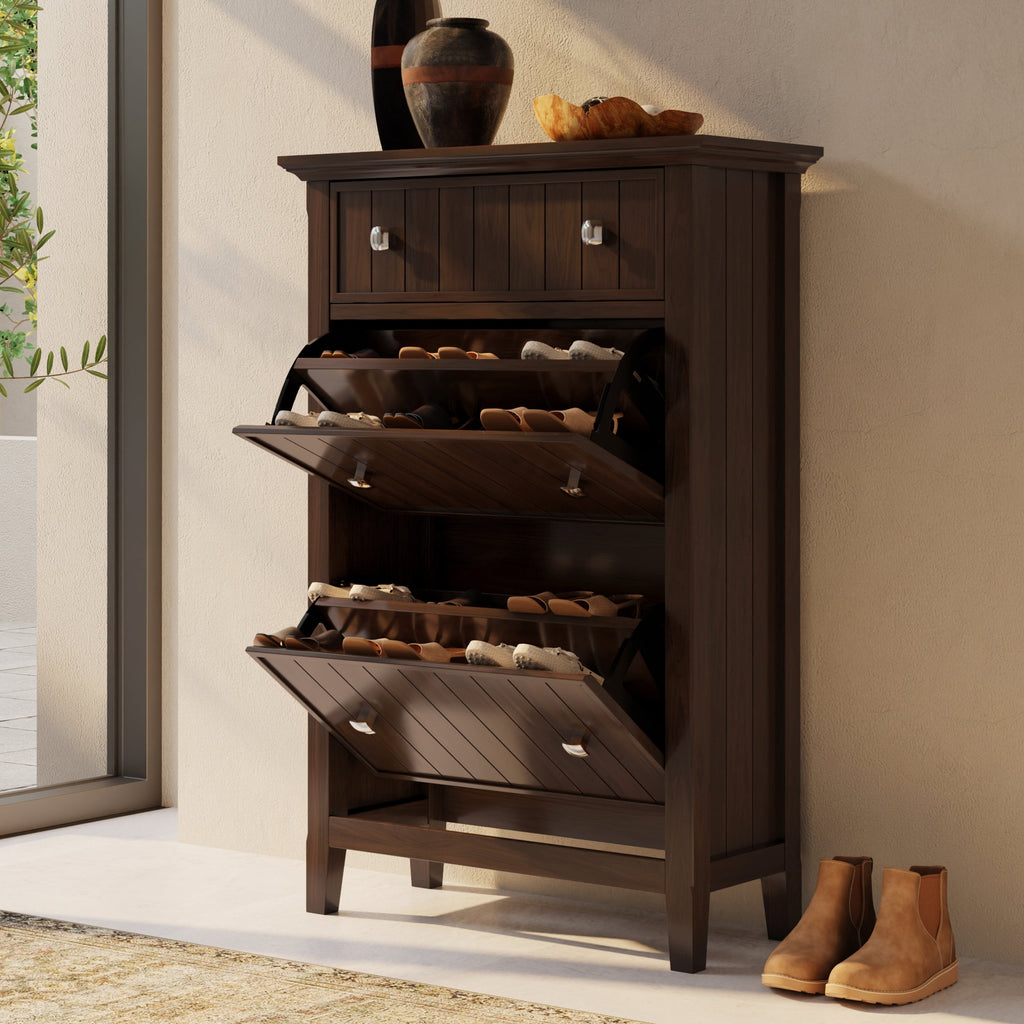 Acadian 32 Inch Wide Solid Wood Entryway Shoe Storage Cabinet in Brunette