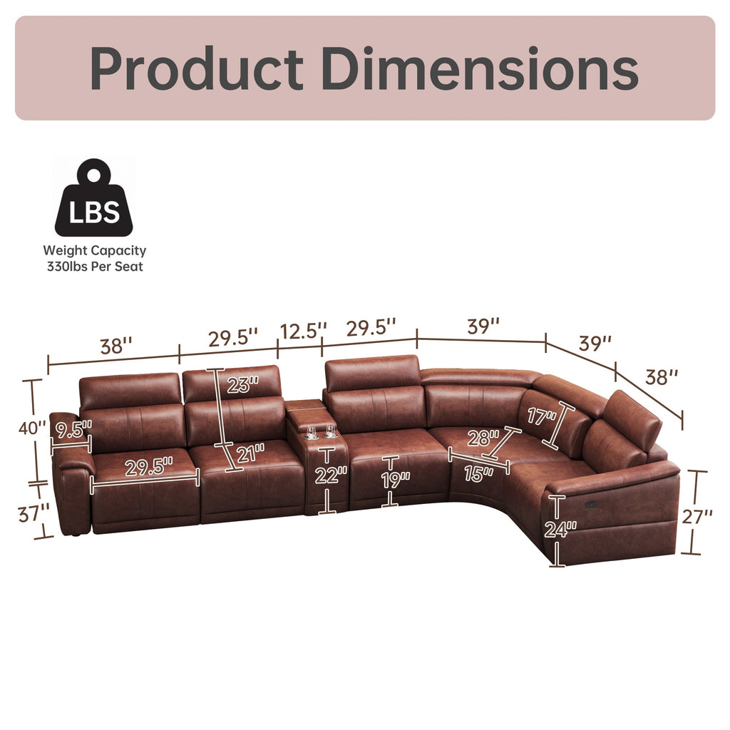 6-Piece Modular Leather Sofa with 2 Cup Holders