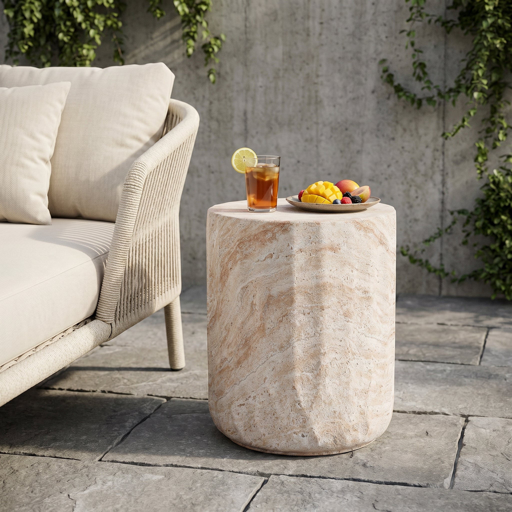 Outdoor/Indoor Lightweight Concrete Side Table - Cylinder Travertine Finish