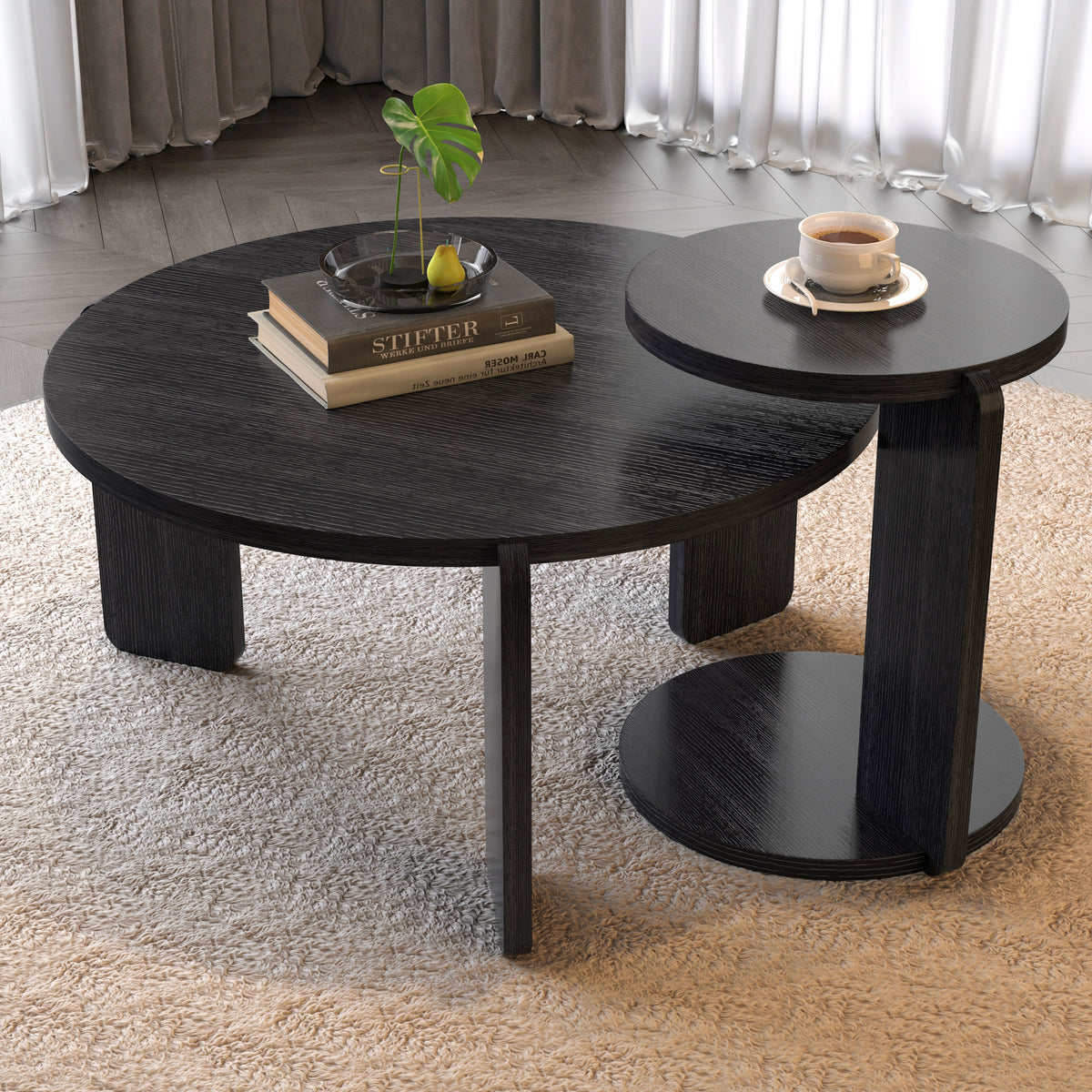 Nesting Round Wood Coffee Table with End Table Set of 2