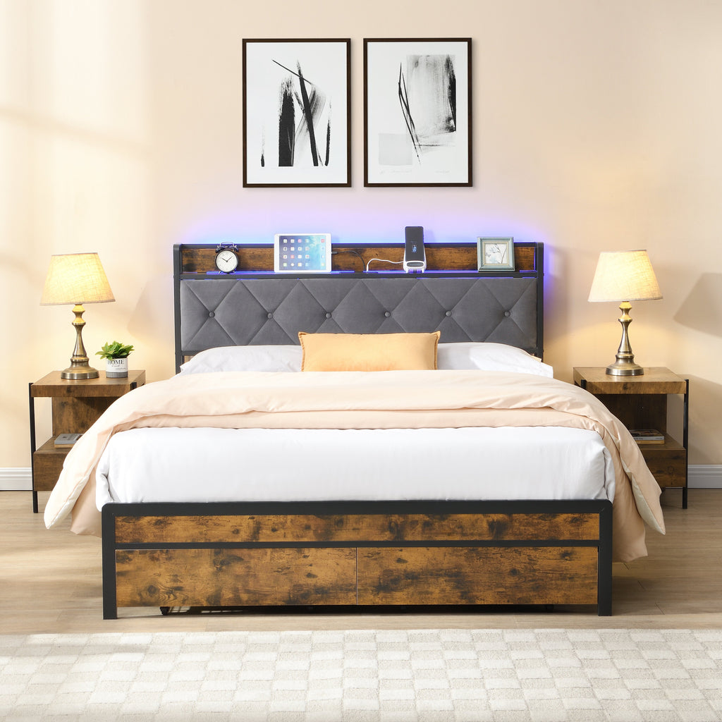 King Bed Frame with Storage and LED Lights