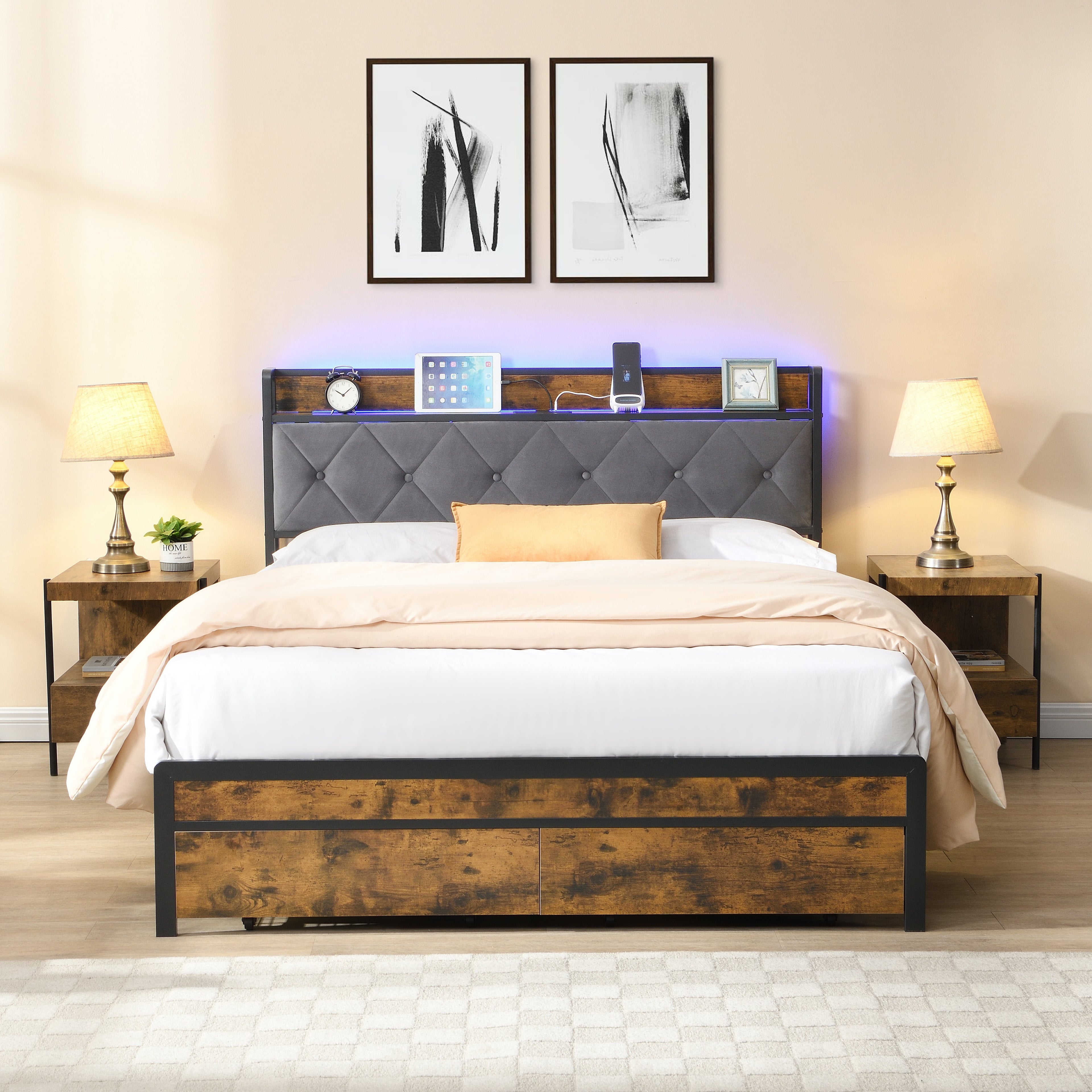 Full Bed Frame with Storage and LED Lights