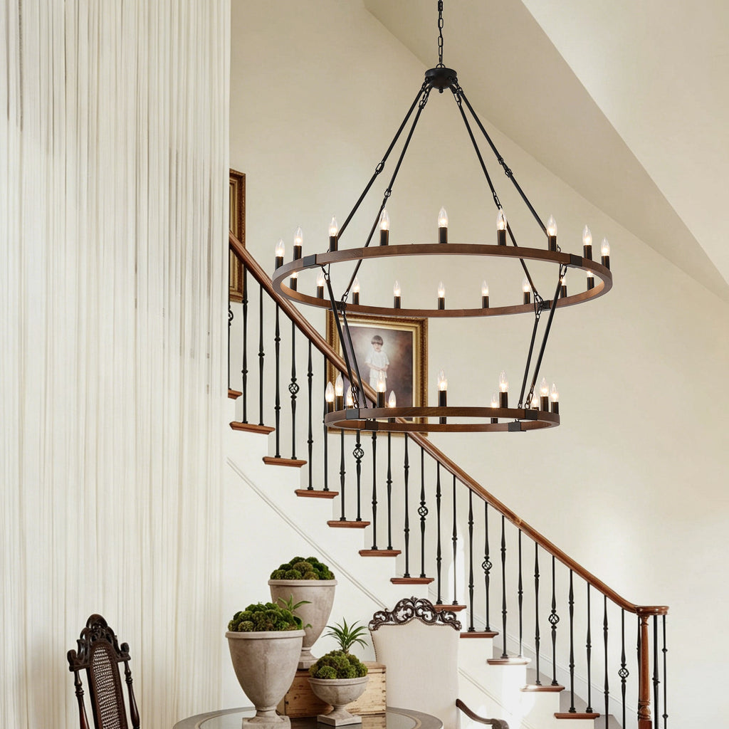 Large Solid Wood Wagon Wheel Chandelier - 32 Lights