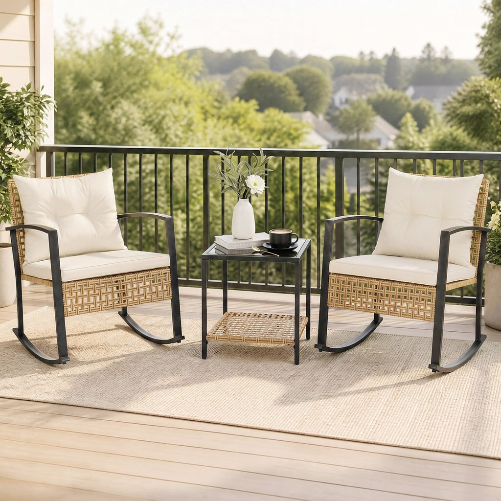 3-Piece Rattan Patio Conversation Set with Rocking Chairs