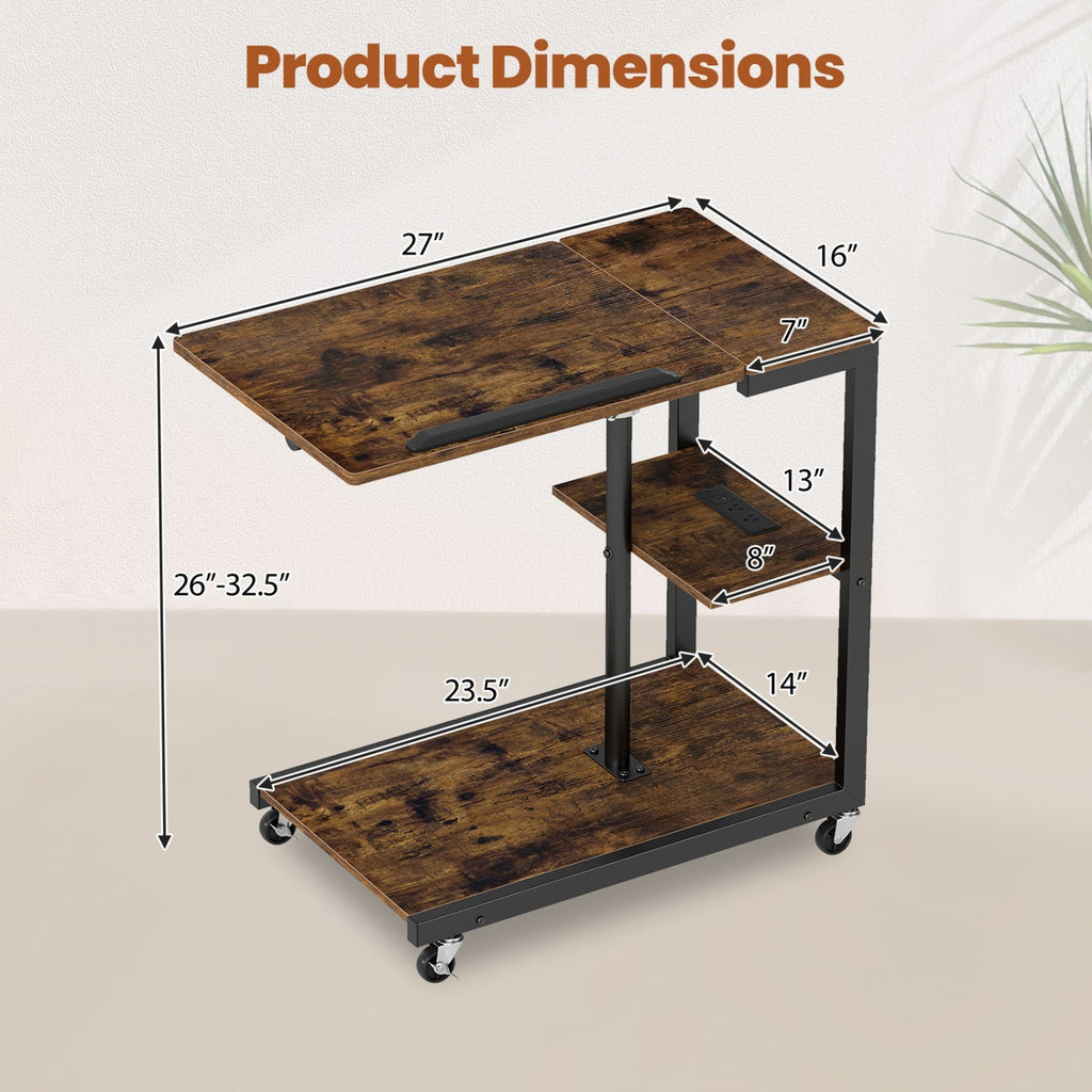 3-Tier Mobile Couch Side Table with Tiltable Tabletop