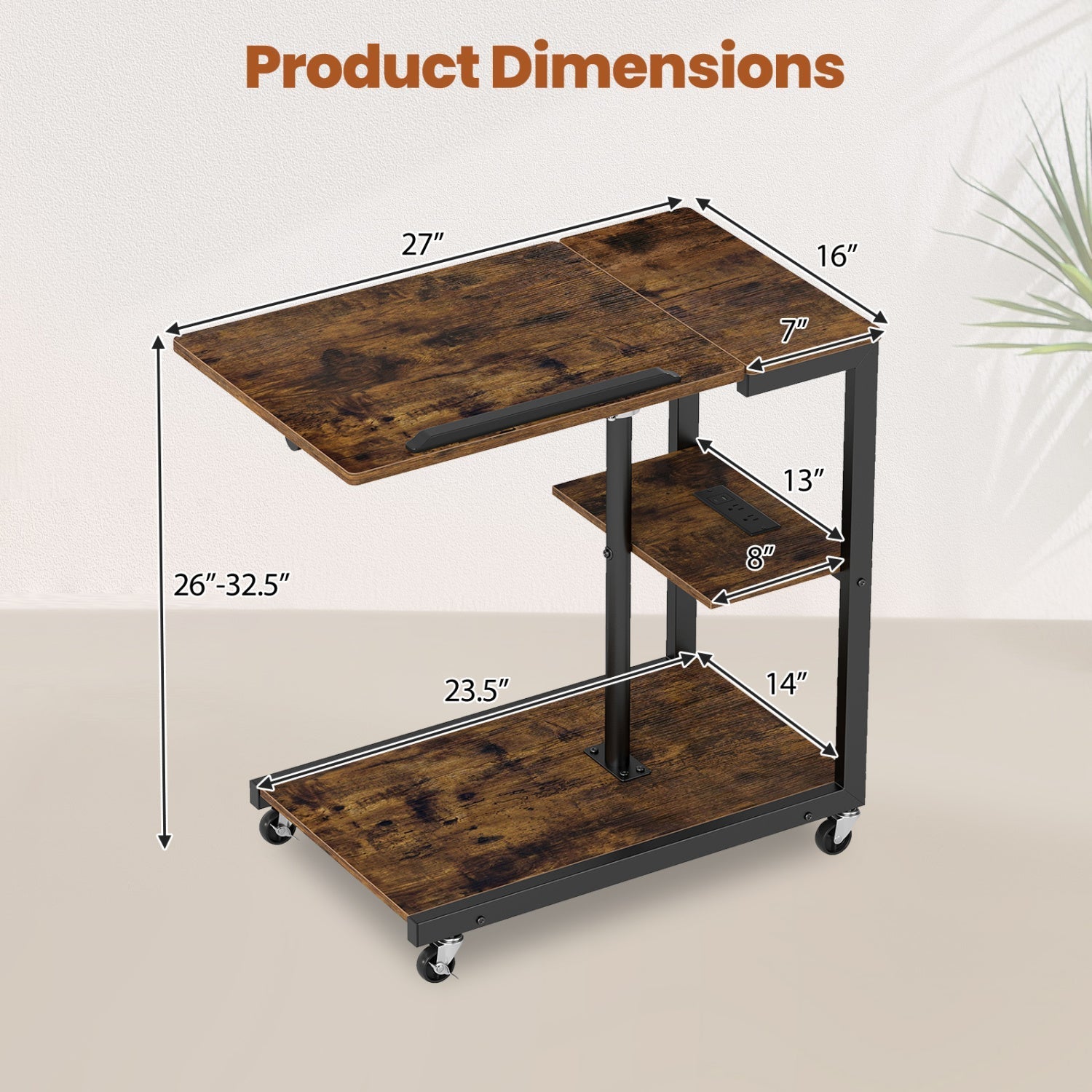 3-Tier Mobile Couch Side Table with Tiltable Tabletop