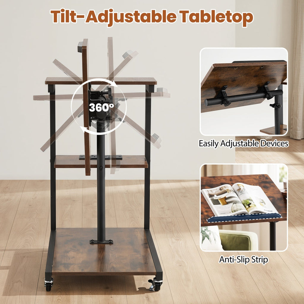 3-Tier Mobile Couch Side Table with Tiltable Tabletop
