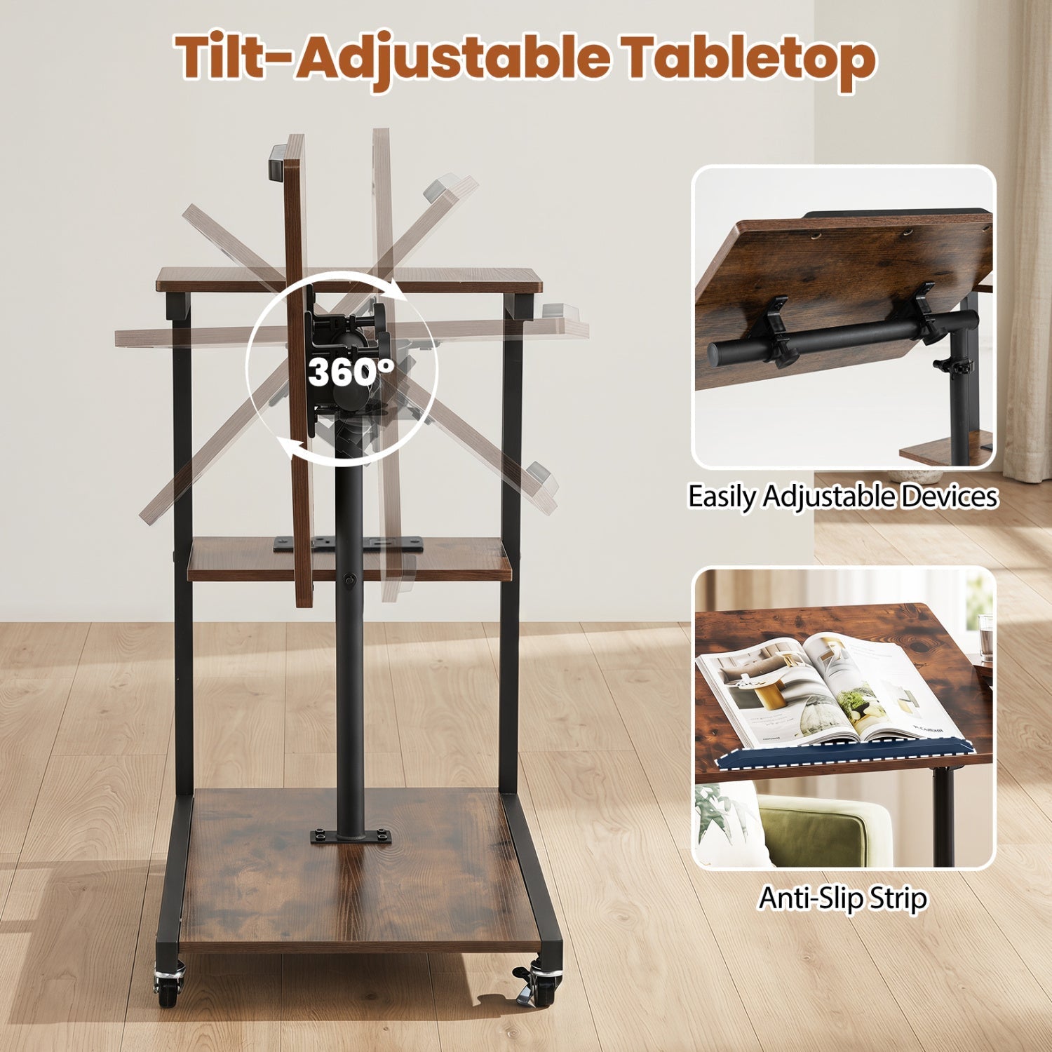 3-Tier Mobile Couch Side Table with Tiltable Tabletop