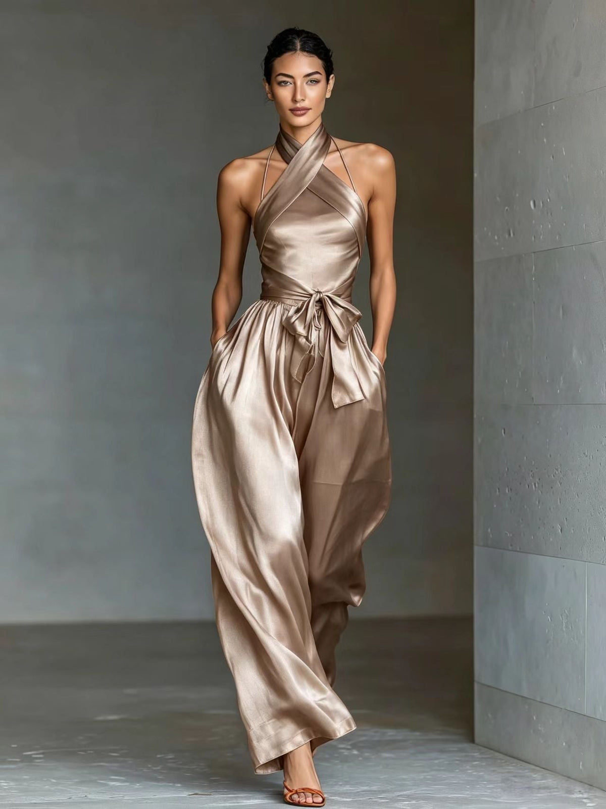European And American Cross-border Women's Satin High-end Waist-cinching Slit Strap Solid Color Evening Dress Jumpsuit For Women