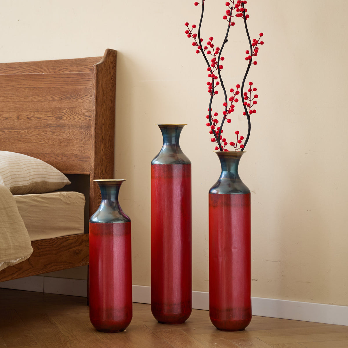 Artisanal Fire-Finished Metal Vases, Set of 3