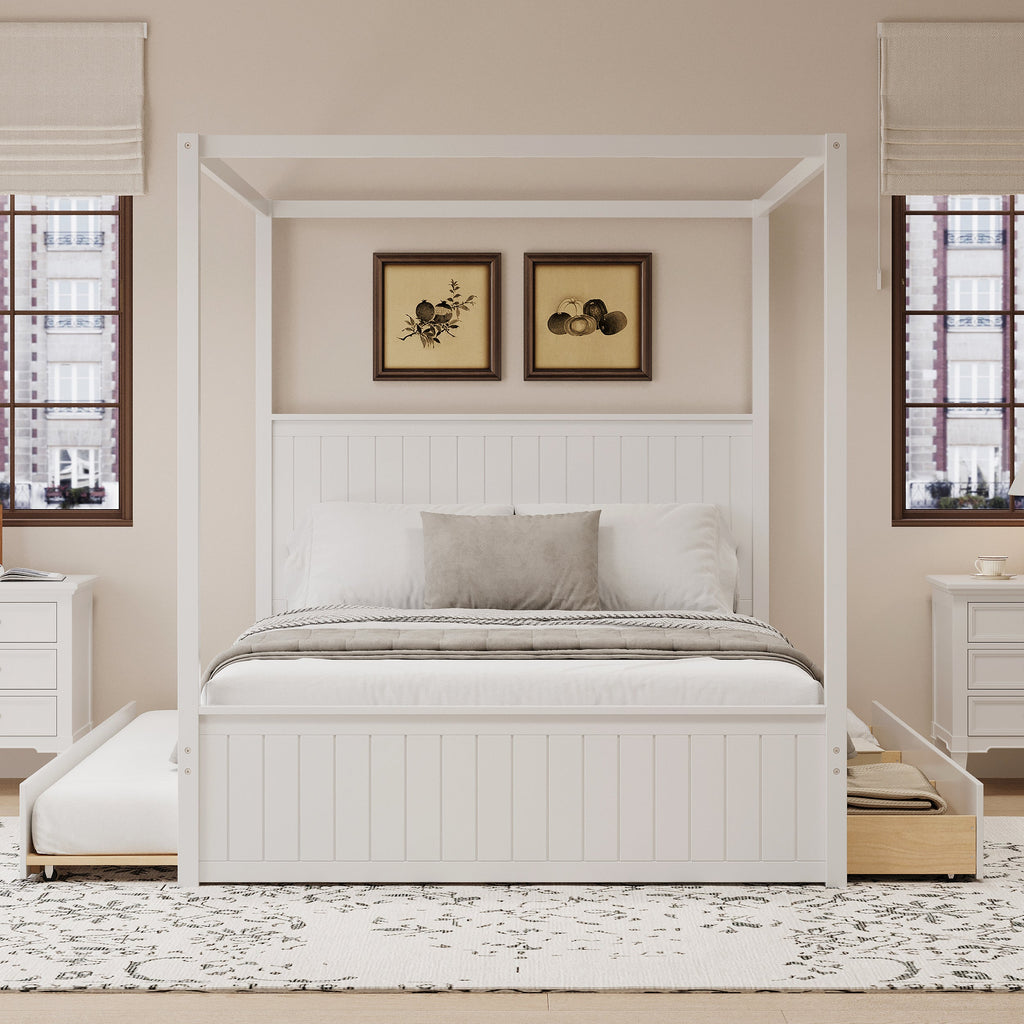 Modern Queen Size Canopy Platform Bed with Trundle