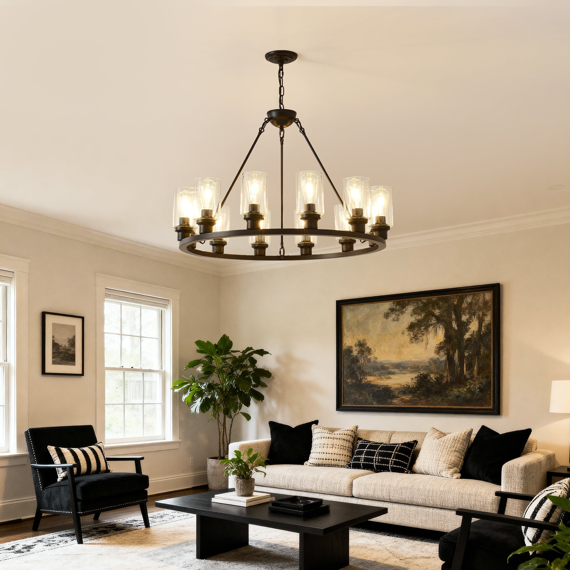 Black Wagon Wheel Chandelier - 34.5 Inch Modern Farmhouse