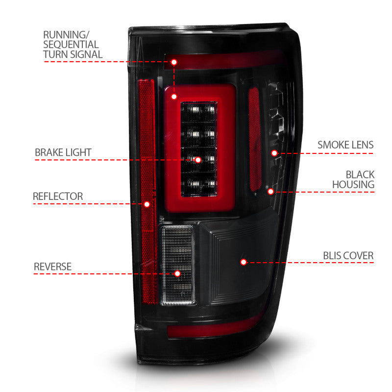 ANZO 21-23 Ford F-150 LED Taillights Seq. Signal w/BLIS Cover - Smoke Blk (For Factory Halogen ONLY) 311476