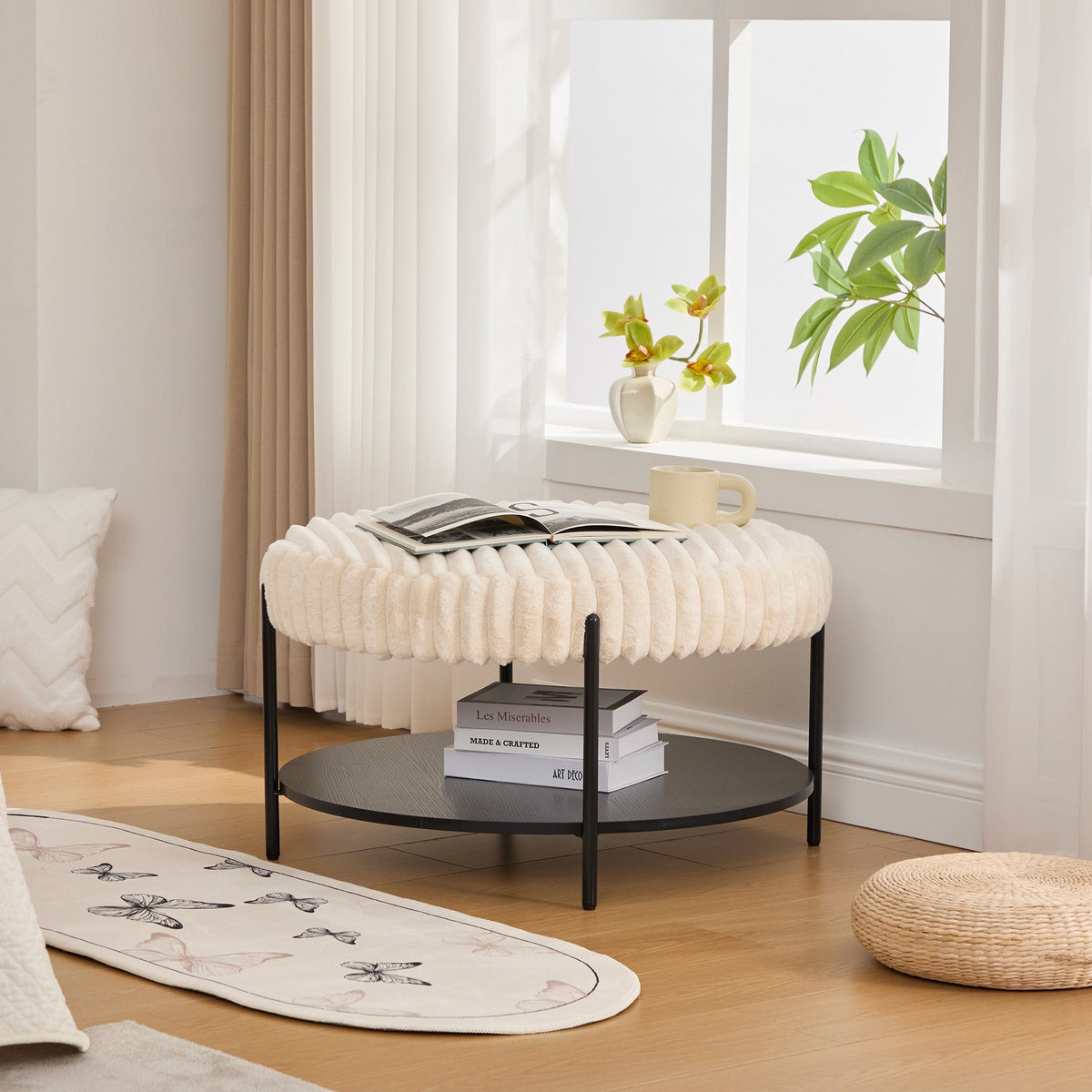 30.9" Wide Upholstered Round Ottoman Coffee Table Foot Rest