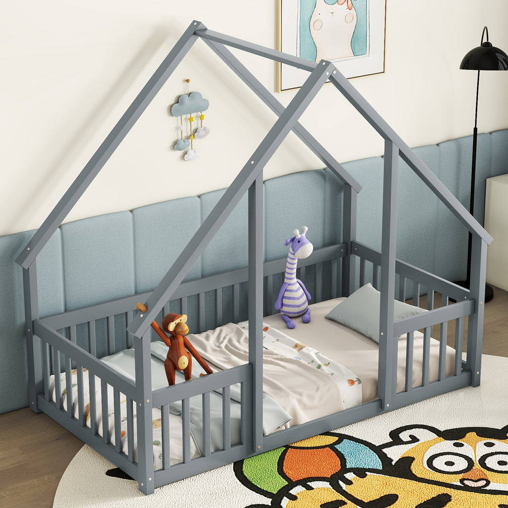 Twin Wood House-Shaped Floor Bed with Fence, Guardrails