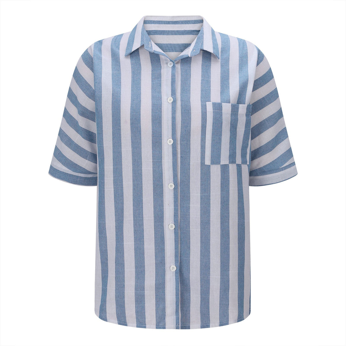 Madam Striped Short Sleeve Lapel Casual Button Pocket Cardigan Short Sleeve Shirt
