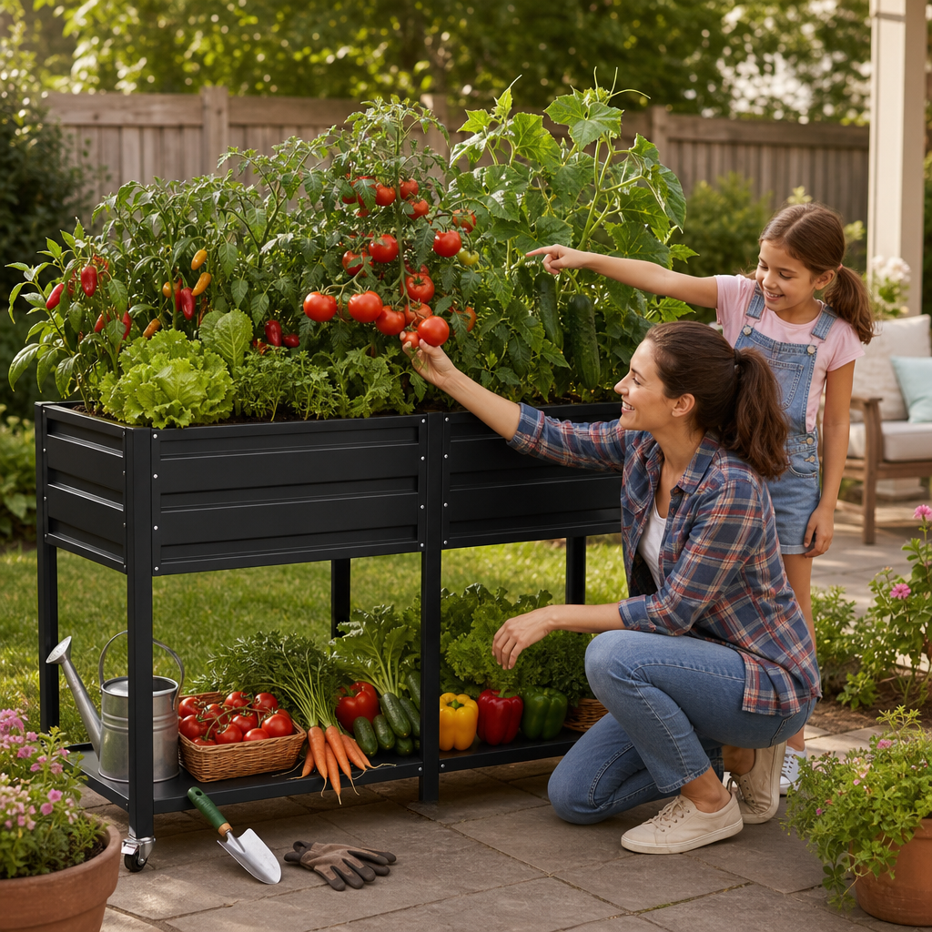 2-Tier Elevated Metal Wicking Garden Bed with Lockable Wheels