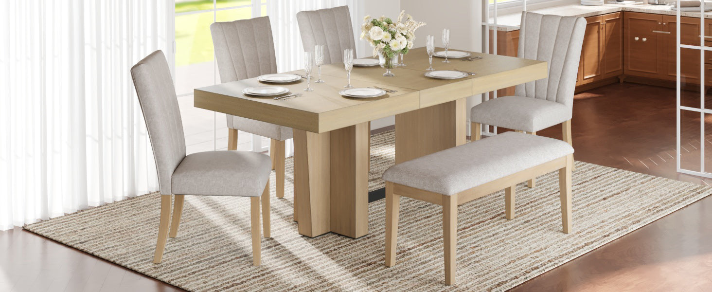TOPMAX Farmhouse 76.0inch Extendable Wood Dining Table Set for 6