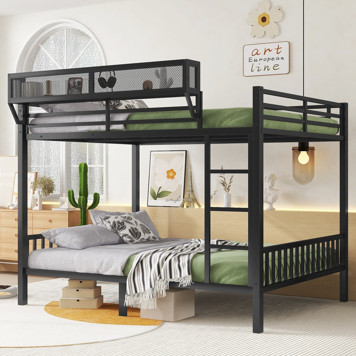 Queen Over Queen Metal Bunk Bed with Ladder and Storage Shelf