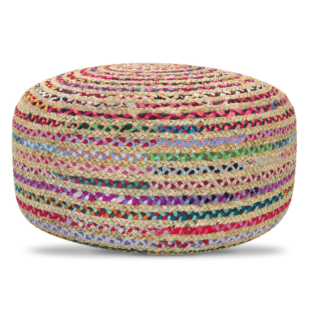 Margo 30 Inch Wide Round Pouf in Multi-Color Handwoven Jute and Cotton