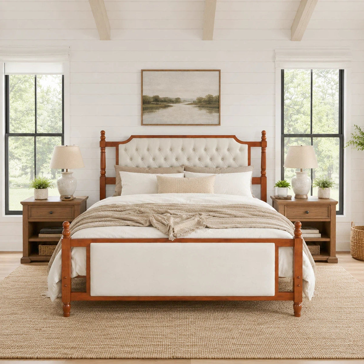 Queen Size Upholstered Platform Bed with Button Tufted Headboard
