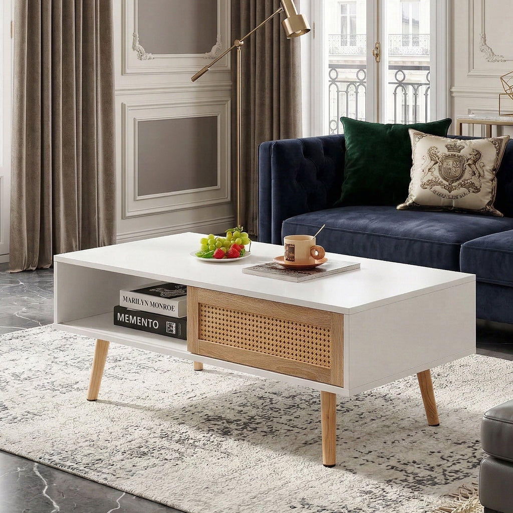 41.34" Rattan Coffee Table with Sliding Door Storage