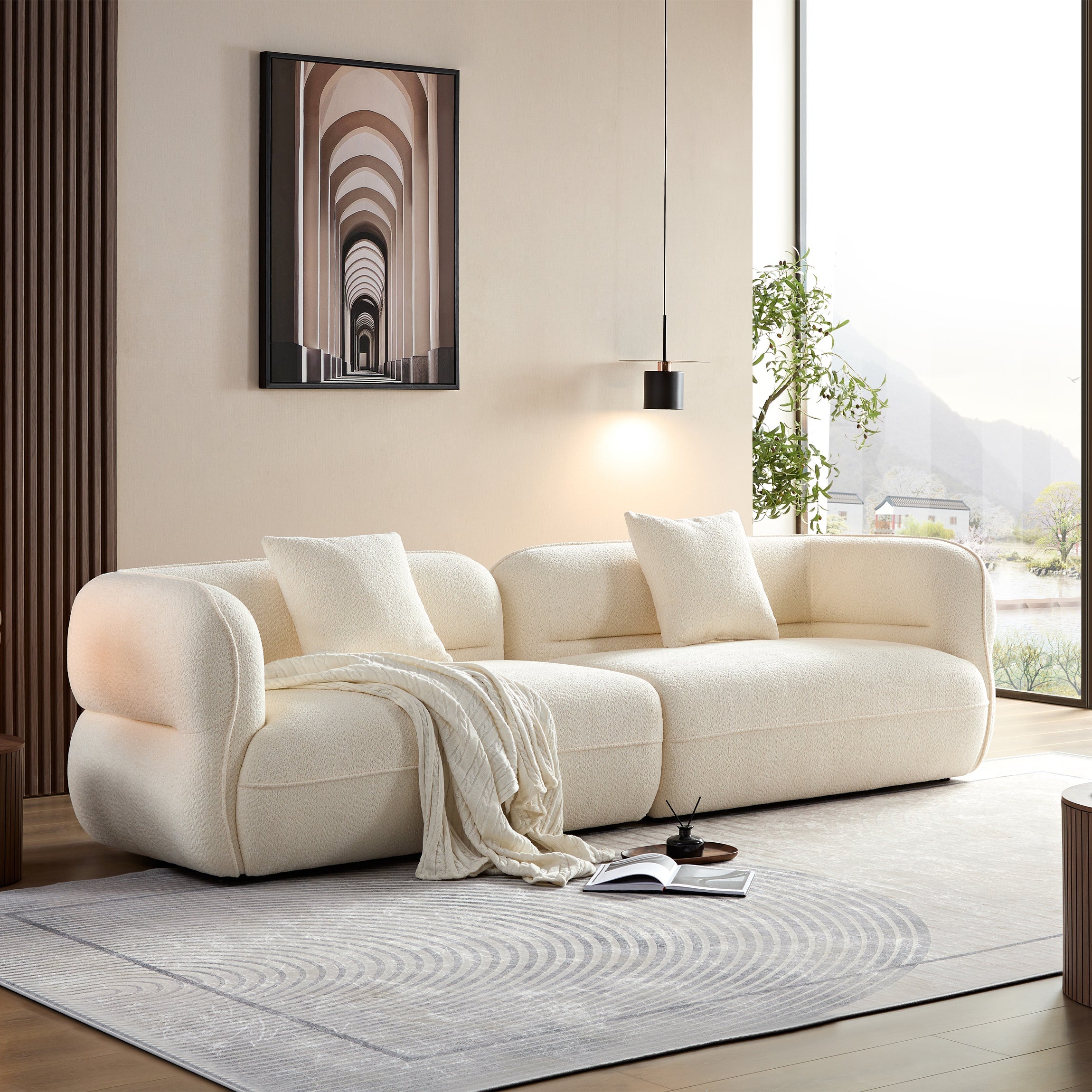 White Sectional Sofa, Durable Fabric, Solid Wood Frame