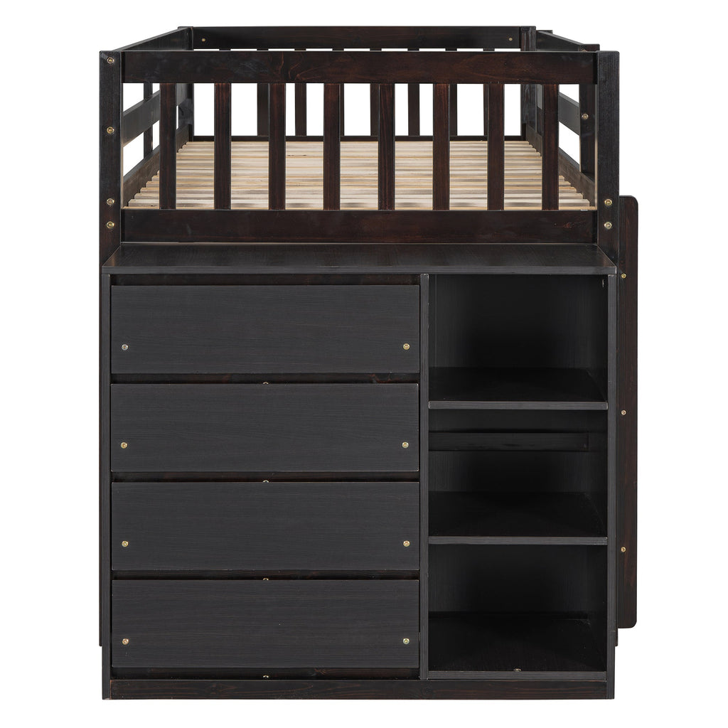 Twin Over Twin Bunk Bed with 4 Drawers and 3 Shelves - Espresso