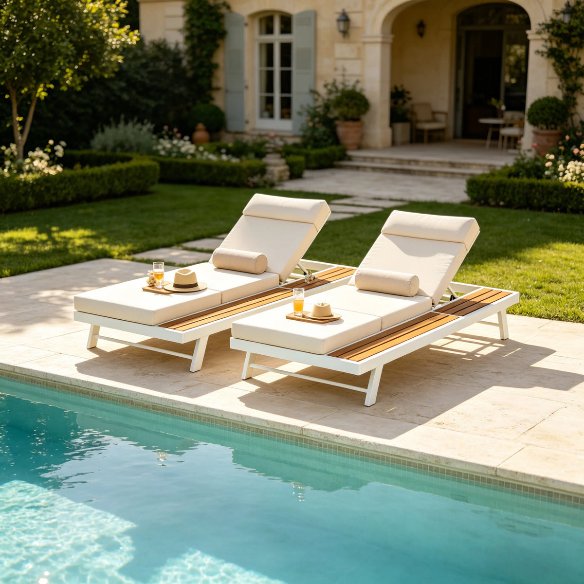White Iron + Teak Finish Outdoor Chaise Lounge Set