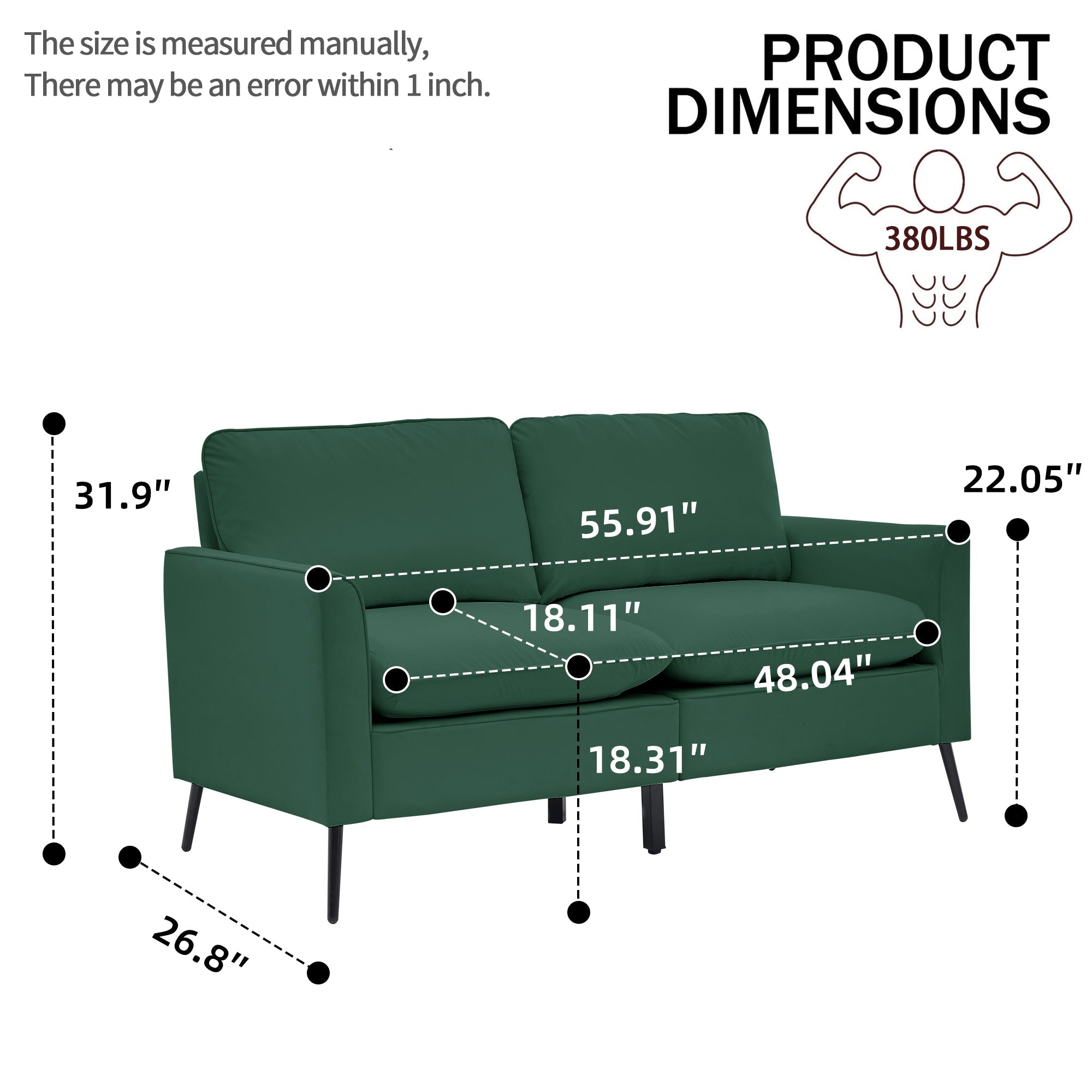 TS Cat Paw Leather Upholstered Loveseat - Nordic Retro Green