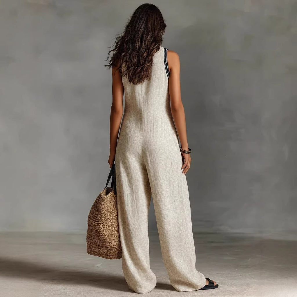 2026 European And American Cross-Border Women's Simple Linen Blend Sleeveless Jumpsuit With Zipper And Stand Collar